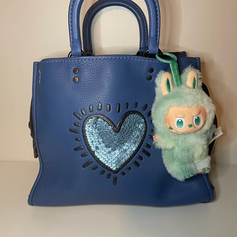Coach X Keith Haring Blue Pebble Leather Sequin Heart Rogue Sachel Purse